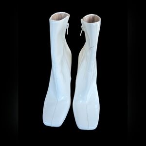 Chic White Patent Mid-Calf Square-Toe Heeled Boots